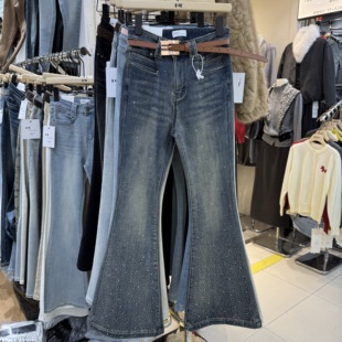 微喇牛仔裤 重工烫钻加绒修身 s68922w178 韩版 十三行拿货2025冬新款