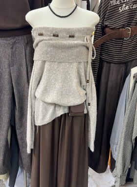 十三行现货2025秋冬新款韩版抽绳一字肩露肩针织衫毛衣S68324W156