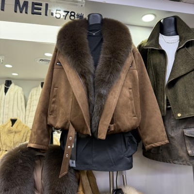韩版大狐狸毛领短款羽绒服外套