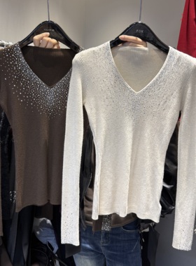 十三行拿货2025冬季新款韩版时尚V领重工烫钻针织毛衣s68901w134