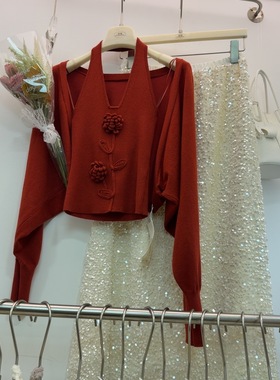 十三行现货2025秋新款韩版时尚挂脖针织背心开衫两件套S68392W178