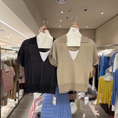 韩版撞色拼接假两件针织T恤小衫