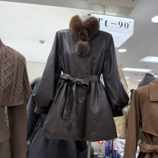 系带收腰毛领皮衣羽绒服s68730w489 韩版 十三行现货2025冬季 新款