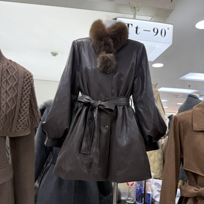 韩版系带收腰毛领皮衣羽绒服