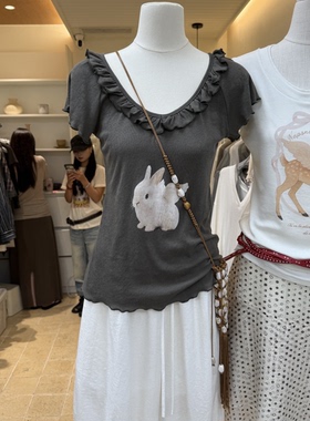 十三行现货2026夏新款韩版木耳边印画显瘦短袖T恤上衣s26561w112