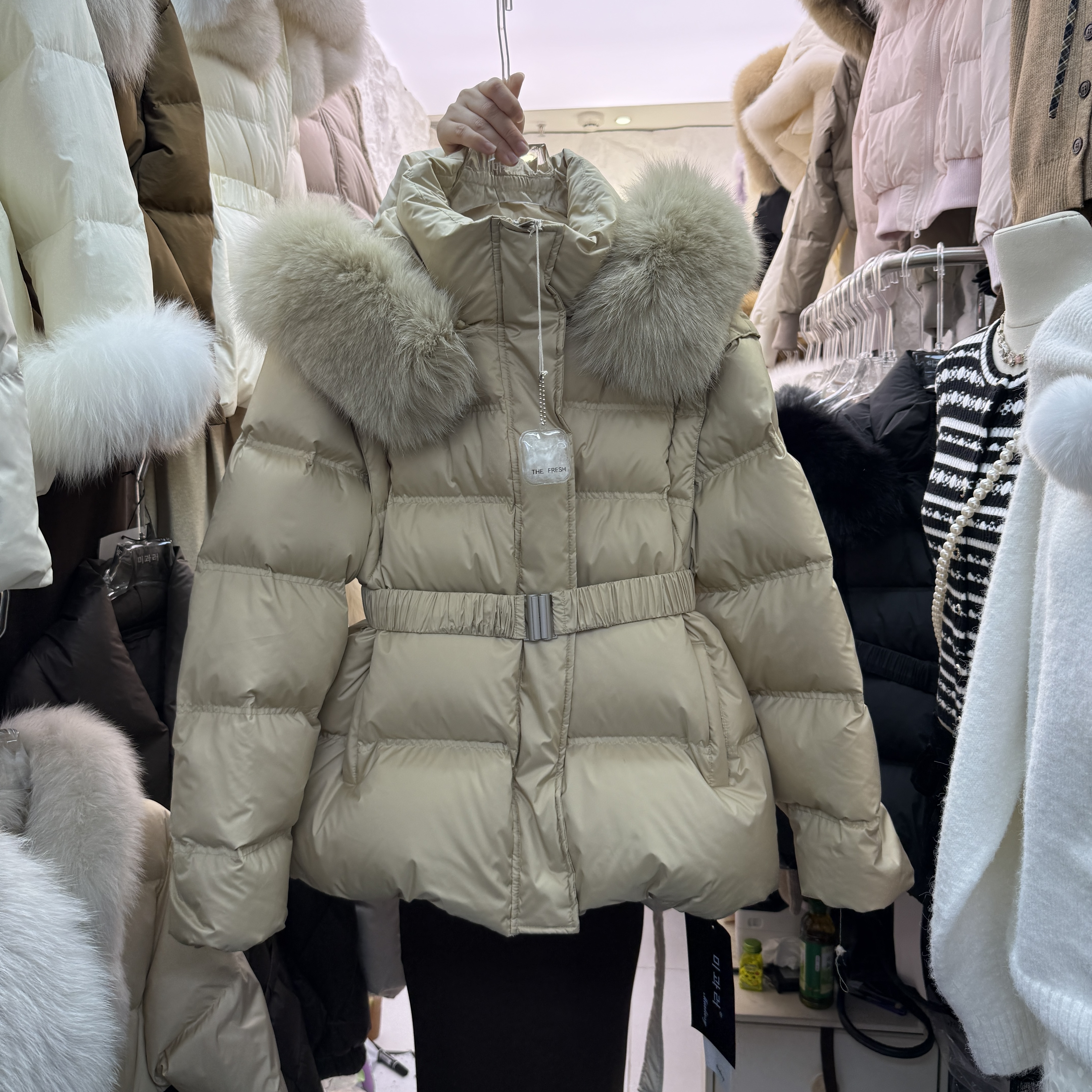 韩版毛领收腰袖子可拆卸羽绒服