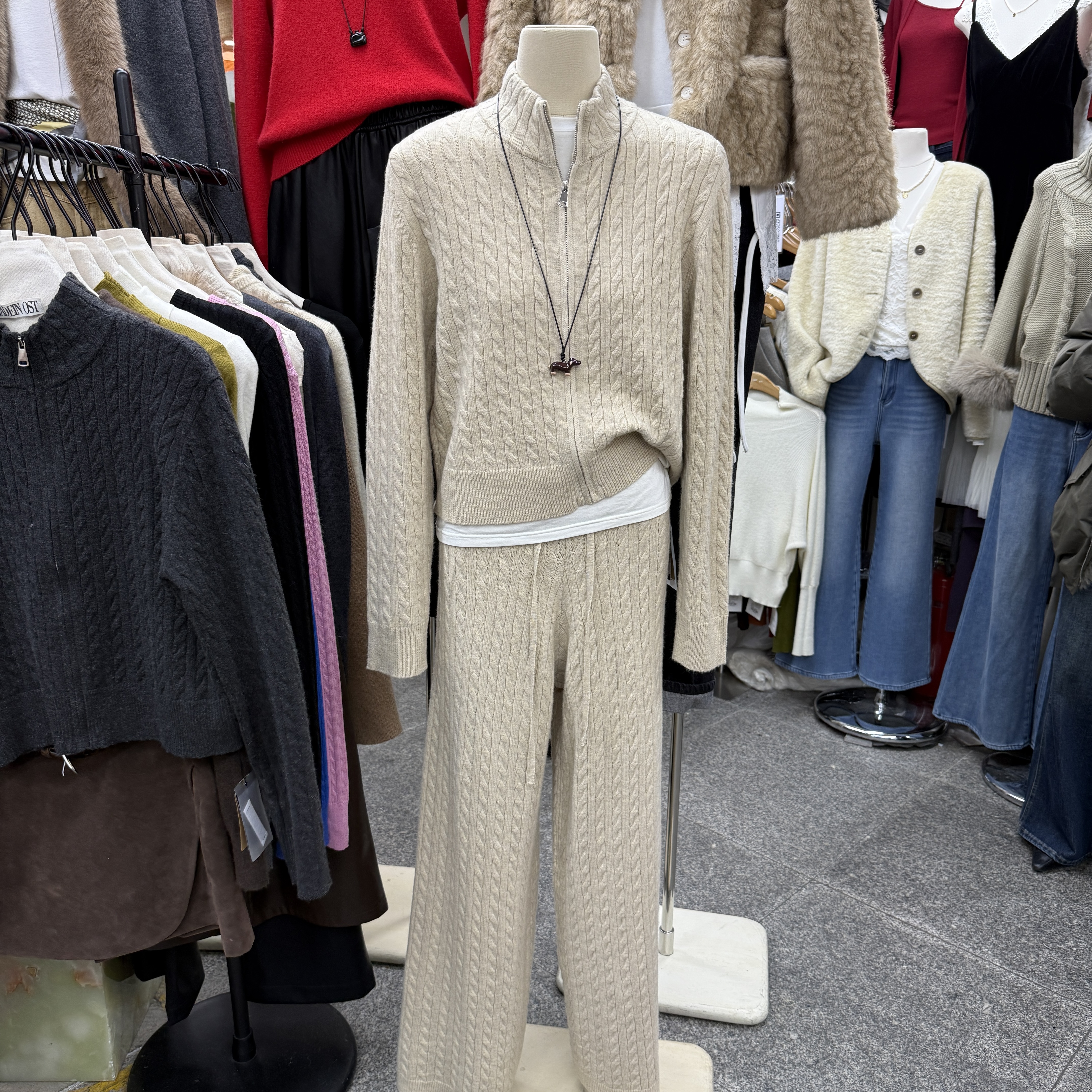 韩版复古绞花针织上衣阔腿裤套装