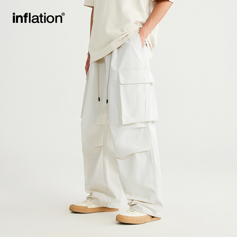 INF|春夏新品大口袋降落伞阔腿裤街头潮牌人字纹休闲长裤男工装裤