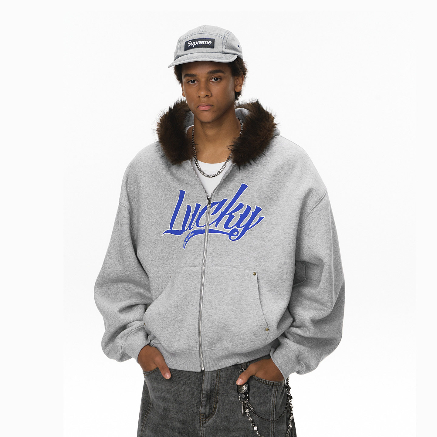 美式潮牌座山雕卫衣外套秋冬新品连帽刺绣毛绒领Boxy短款卫衣男士