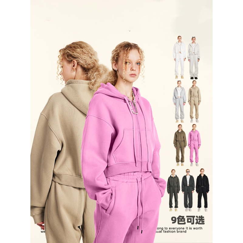 美式复古纯色连帽卫衣拉链外套秋冬潮牌宽松百搭短款加绒辣妹帽衫