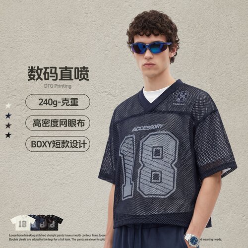 美式Boxyfit短宽镂空印花V领短袖春夏潮牌叠穿百搭上衣t恤男潮ins