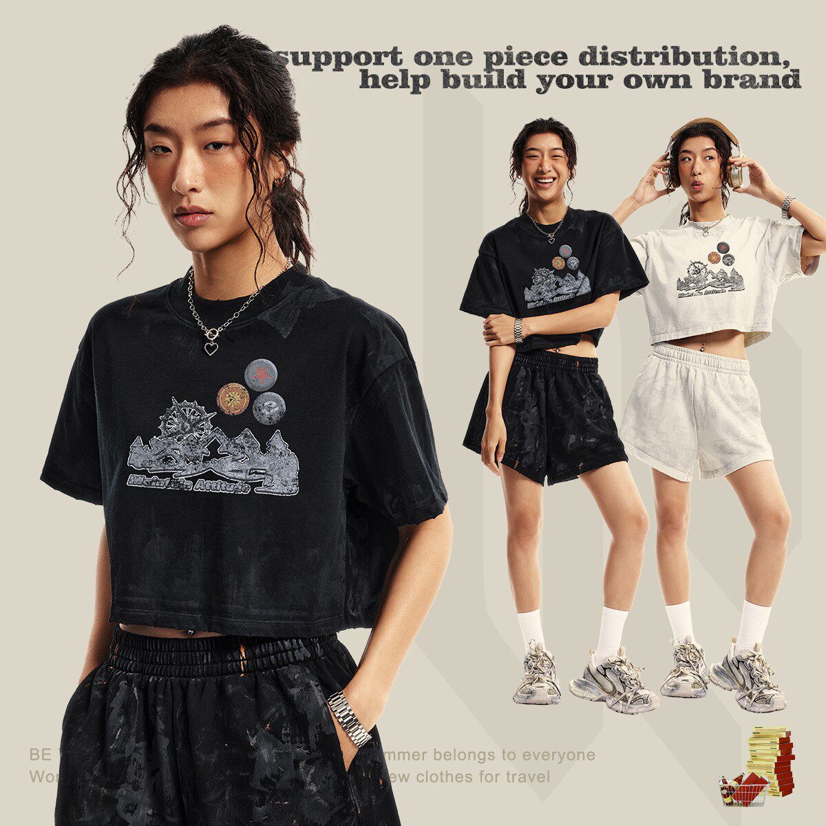 美式辣妹水洗印花短款圆领体恤ins潮牌运动风健身潮人短袖t恤女士