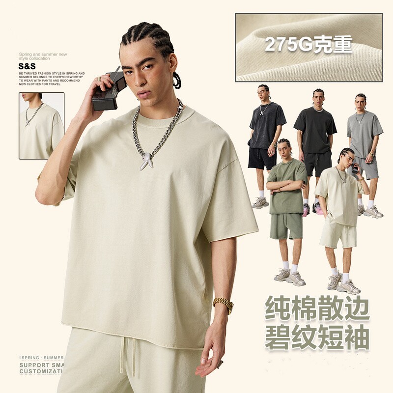 美式高街vintage散边宽松做旧短袖体恤春夏潮牌蜡染水洗圆领T恤男