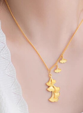 古法金三生有幸银杏叶项链复古轻奢黄金锁骨链套链生日礼物送女友