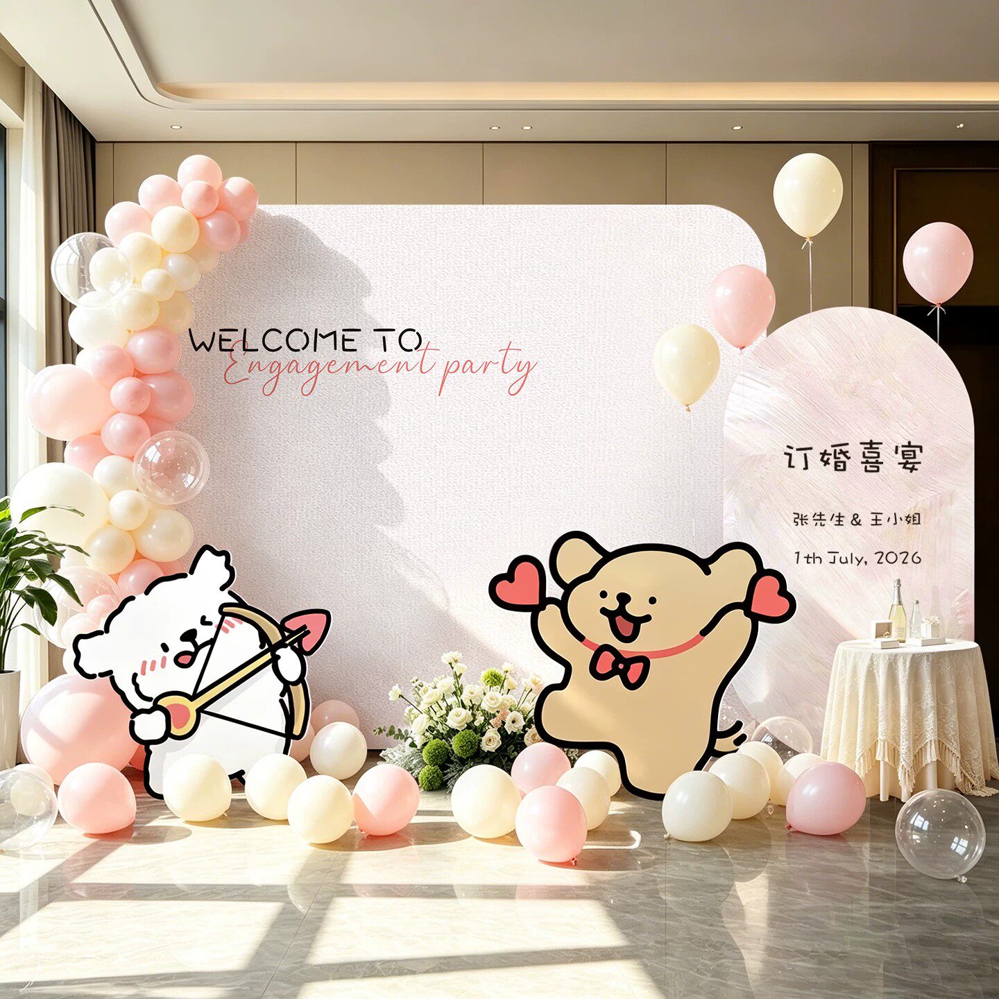 线条小狗订婚布置套餐KT板气球