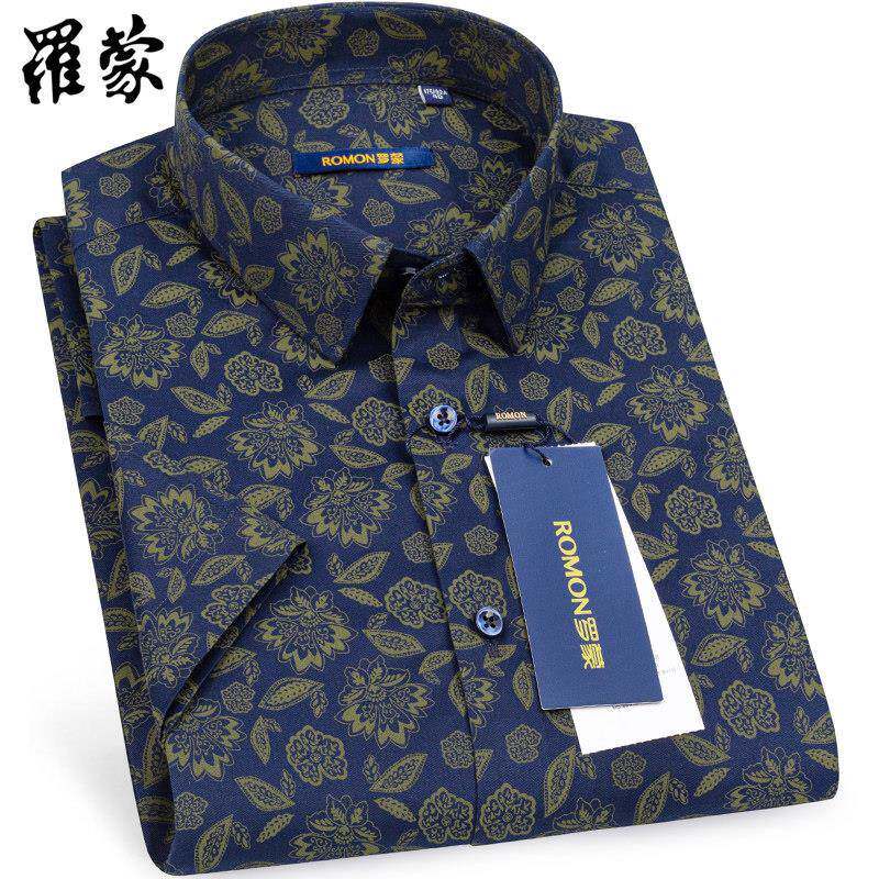 罗蒙短袖衬衫男士衬衫印花半袖商务休闲中老年花宽松纯棉全棉透气