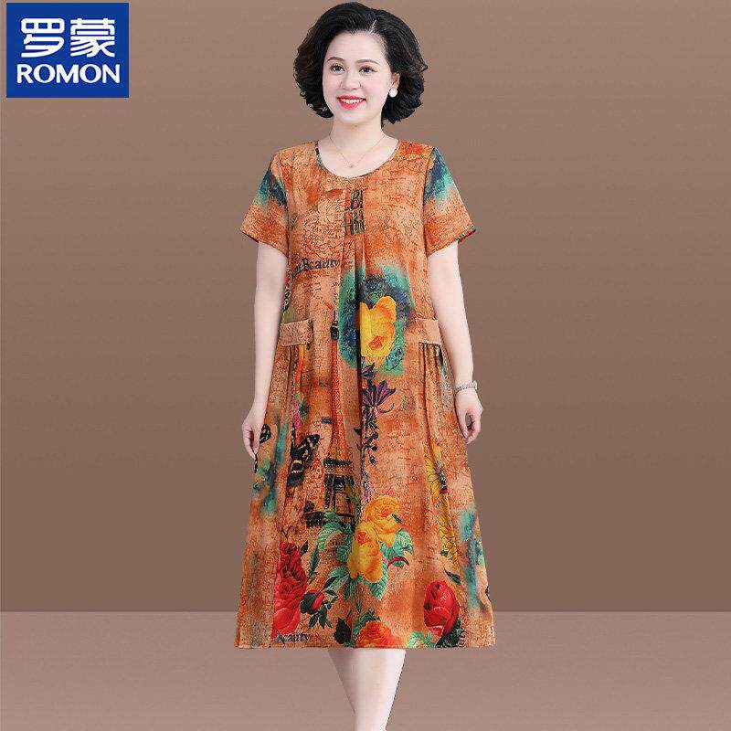 罗蒙胖妈妈夏装连衣裙洋气中年妇女时尚新款特大码中老年夏天裙子