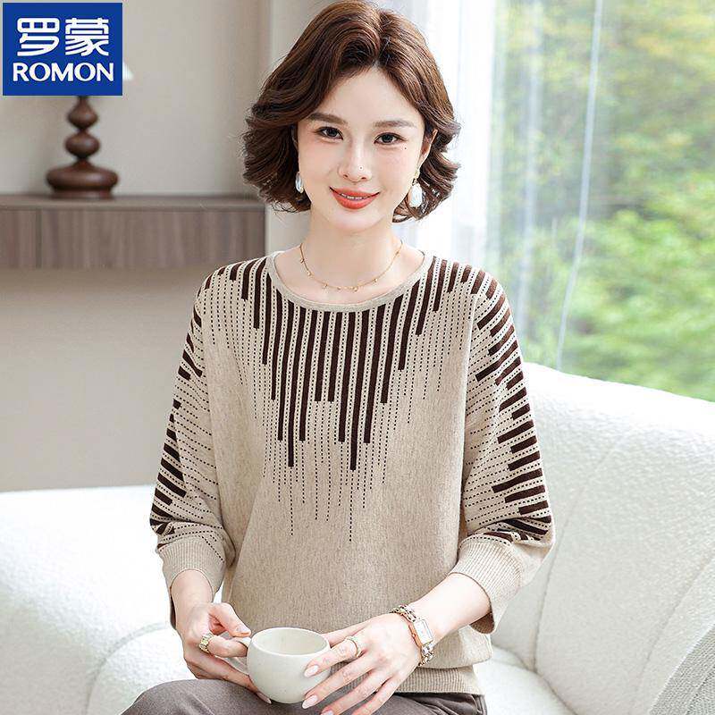 罗蒙中年妈妈春装针织小衫时尚新款中老年女春秋宽松薄款打底上衣