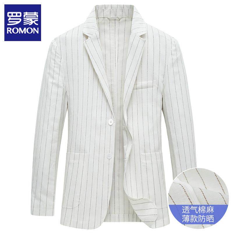 罗蒙棉麻西服男夏季薄款上衣单件亚麻防晒西装外套休闲单西条纹潮