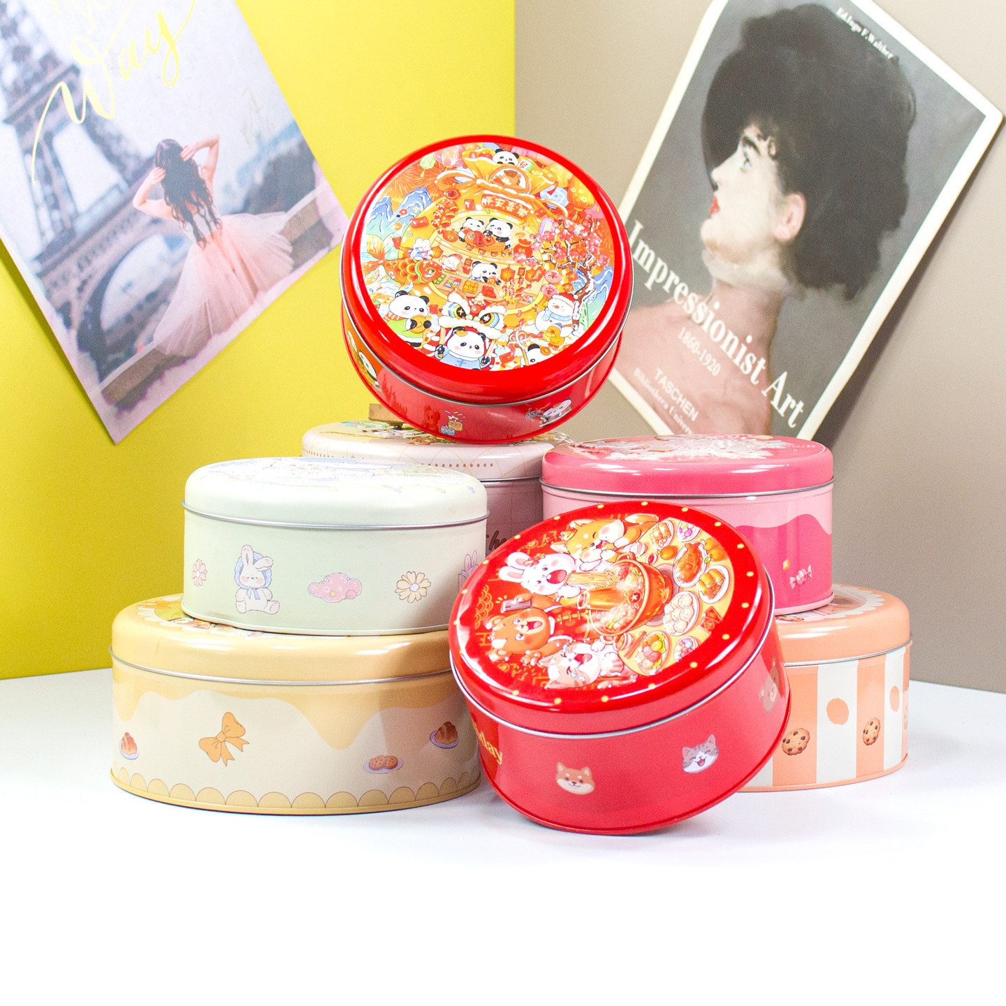 卡通圆蛋糕盒曲奇饼干圆形创意小铁盒糖果铁罐马口铁盒喜糖空盒子