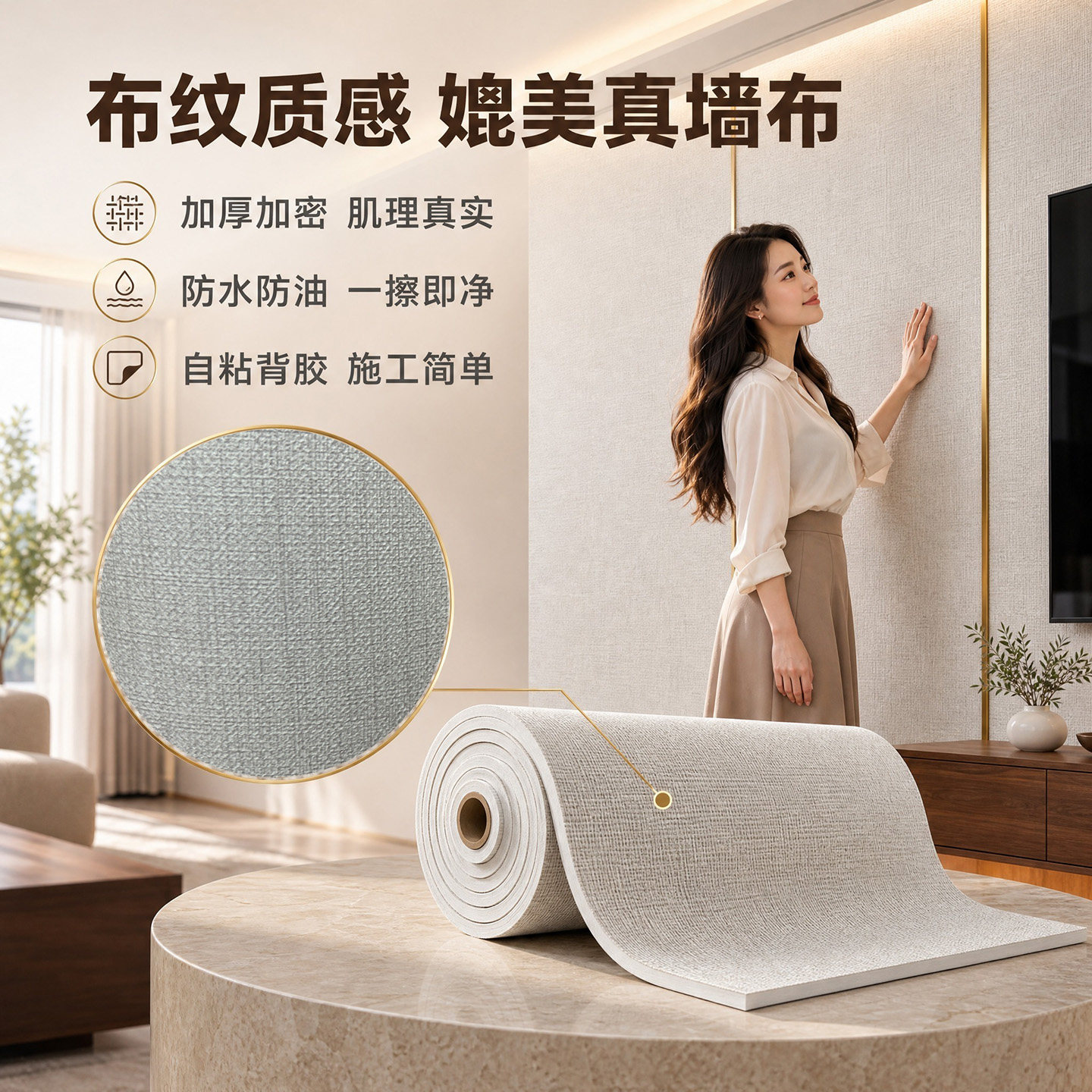 亚麻自粘墙布高级感2026新款现代无缝客厅电视背景墙装饰墙面壁纸