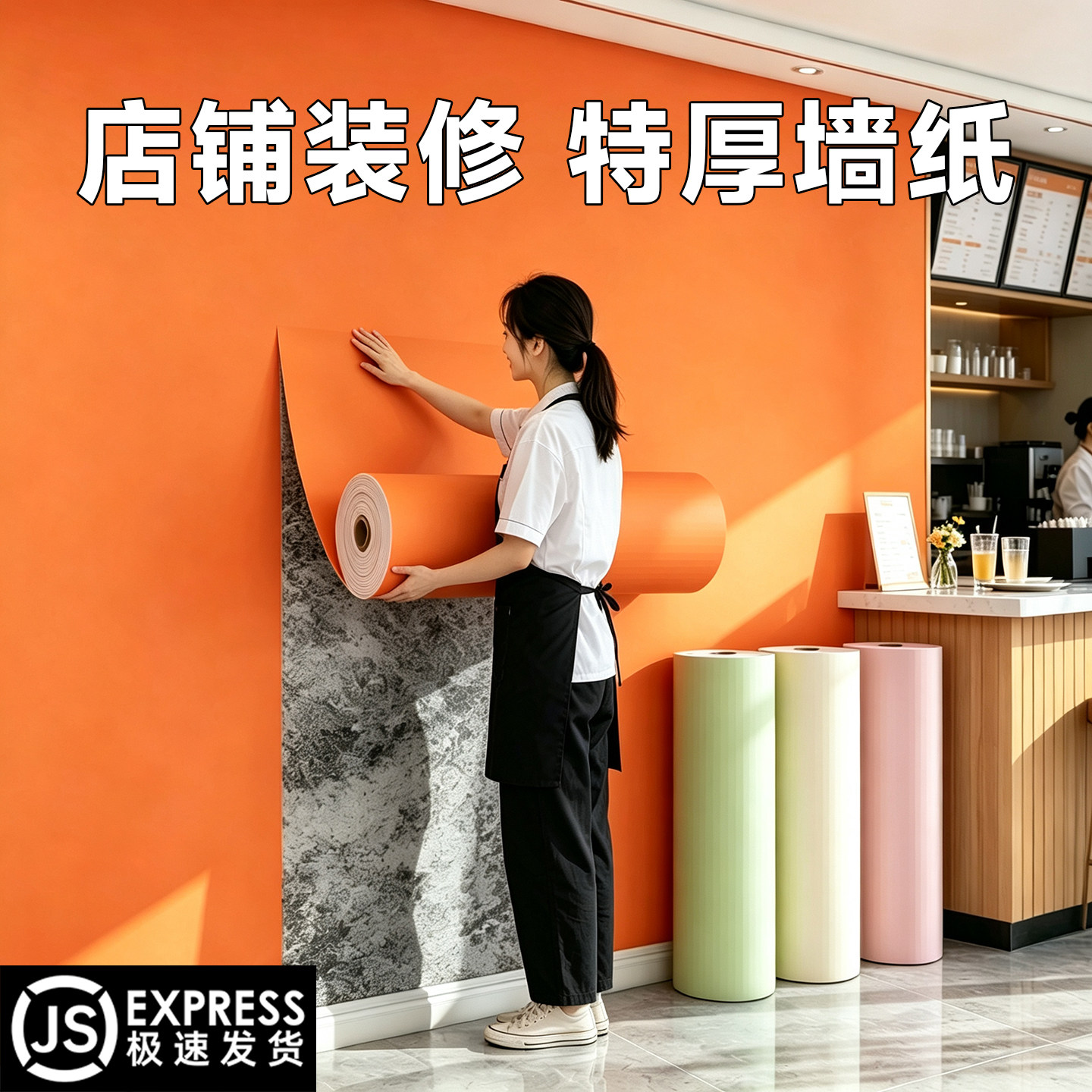 餐饮店墙面贴纸自粘墙围加厚壁纸2026新款橙色pvc墙纸掉灰墙专用