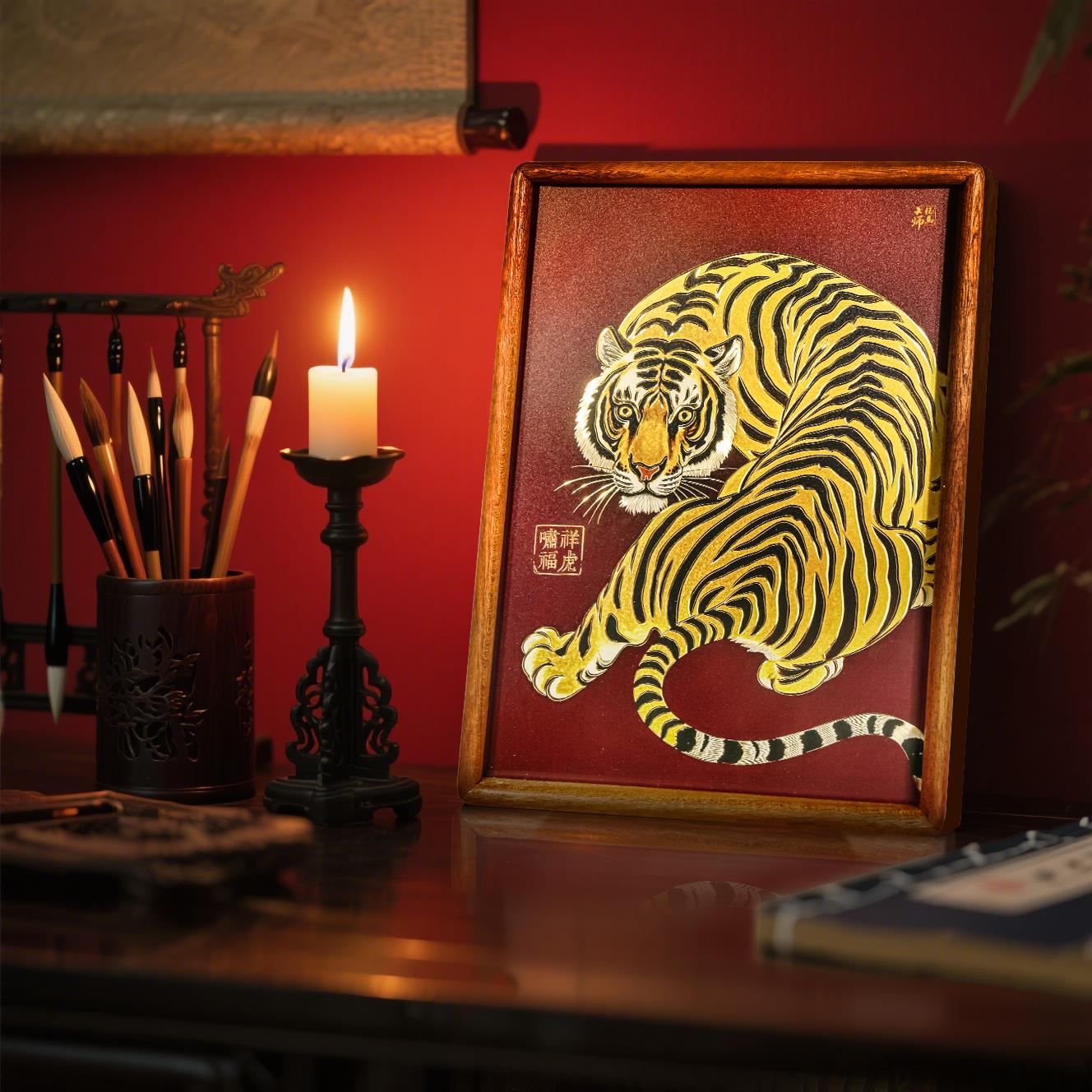 手工錾刻铜雕画十二生肖虎摆件