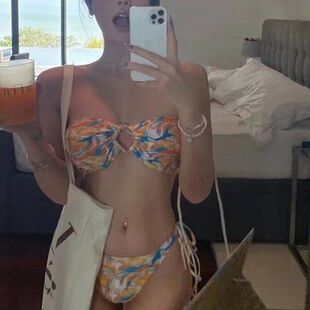 性感抹胸分体三件套泳衣显瘦性感辣妹印花比基沙滩潜水度假bikini