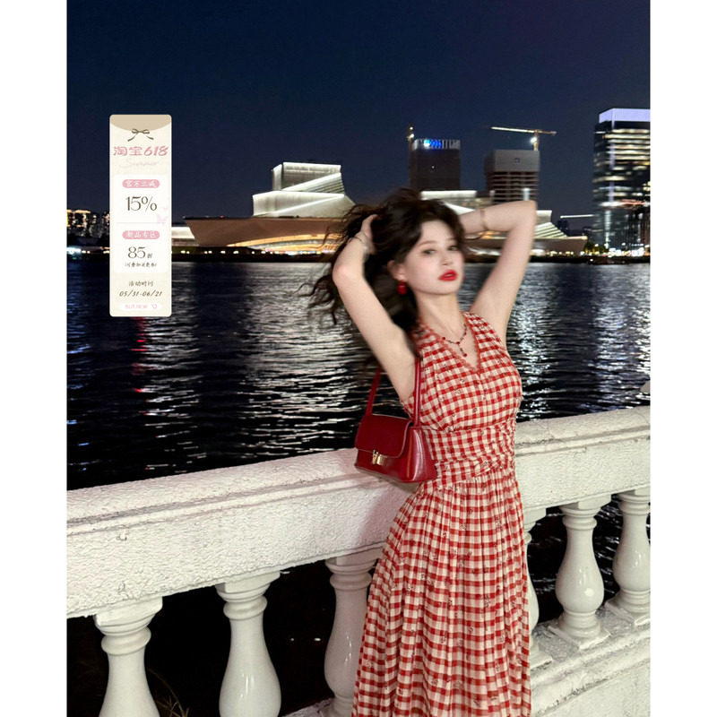现货一生罗曼【香港1998】连衣裙气质夏季设计感小众格纹裙子