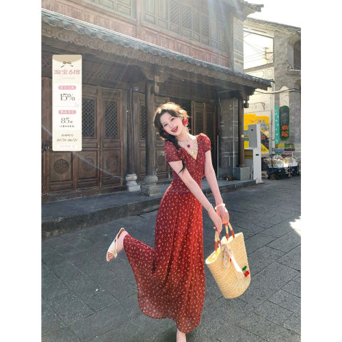 法式复古V领碎花连衣裙女