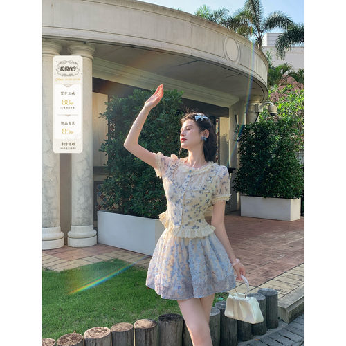 蓝花楹法式复古夏收腰短裙套装