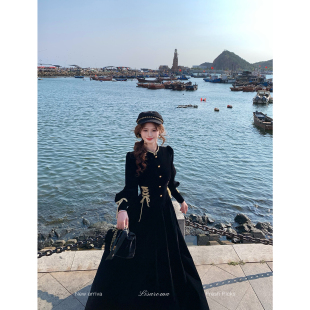 一生罗曼【金色宫殿 】法式丝绒立领连衣裙女秋冬绑带收腰长裙
