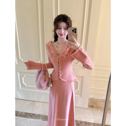 恋人限定法式蕾丝针织两件套