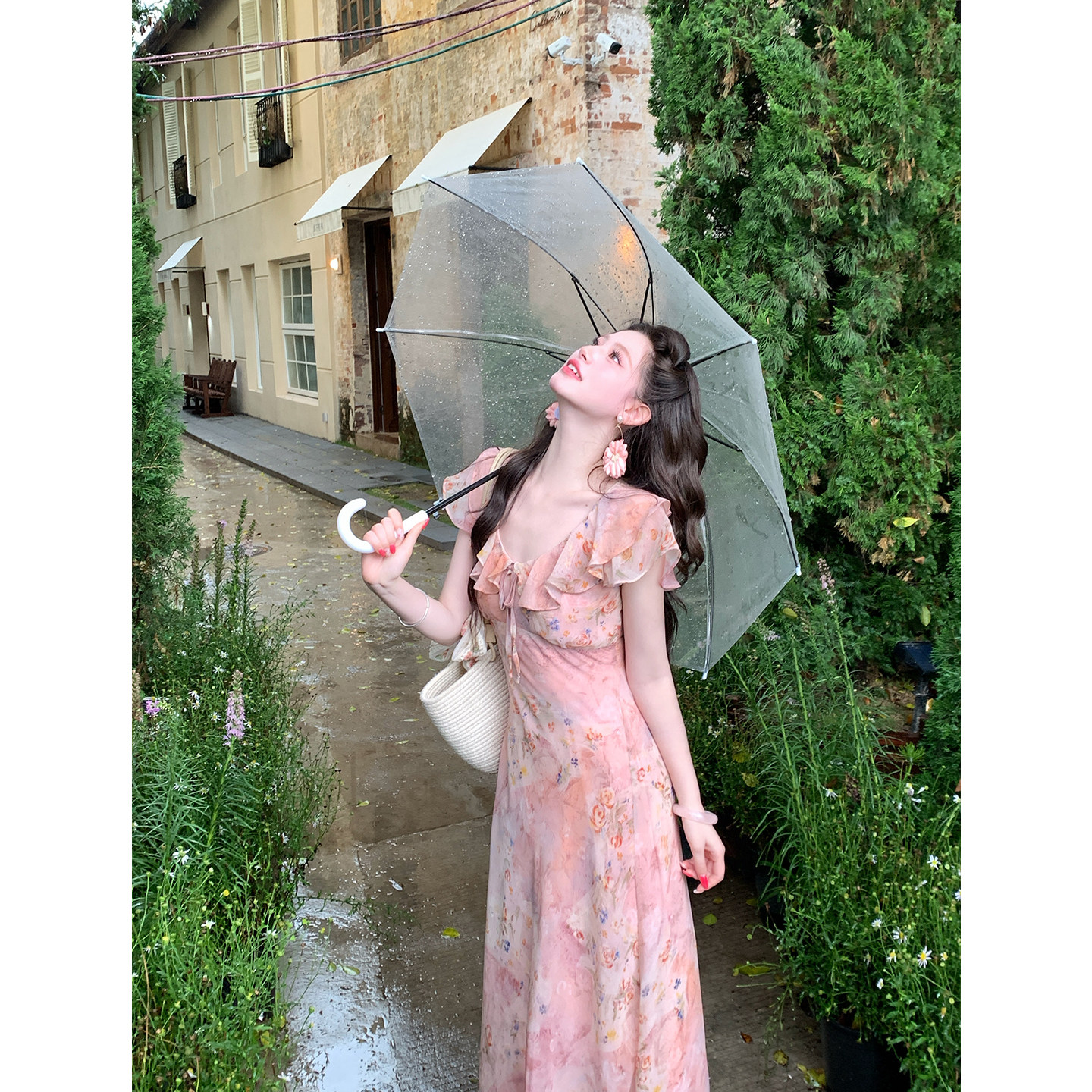 现一生罗曼【落雨粉霞】法式复古碎花连衣裙女夏荷叶V领显瘦长裙