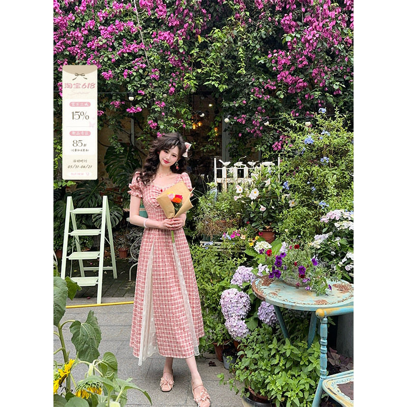 现货一生罗曼【粉色优格】法式复古连衣裙女夏新款拼接蕾丝裙子