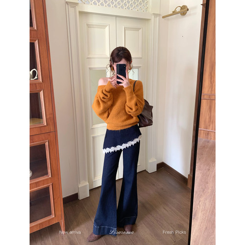 法式少女深蓝高腰微喇牛仔裤