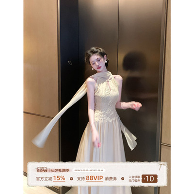 法式复古挂脖蕾丝收腰礼服连衣裙
