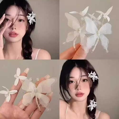 森系薄纱蝴蝶结发夹女2025新款侧边刘海夹发卡高级感鸭嘴夹子头饰