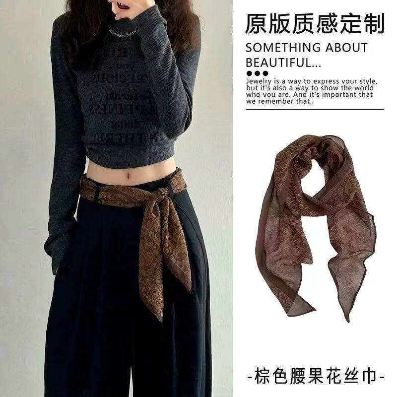 棕色腰果花长条丝巾腰带女款牛仔裤腰带高级感长条飘带系脖配饰品图片