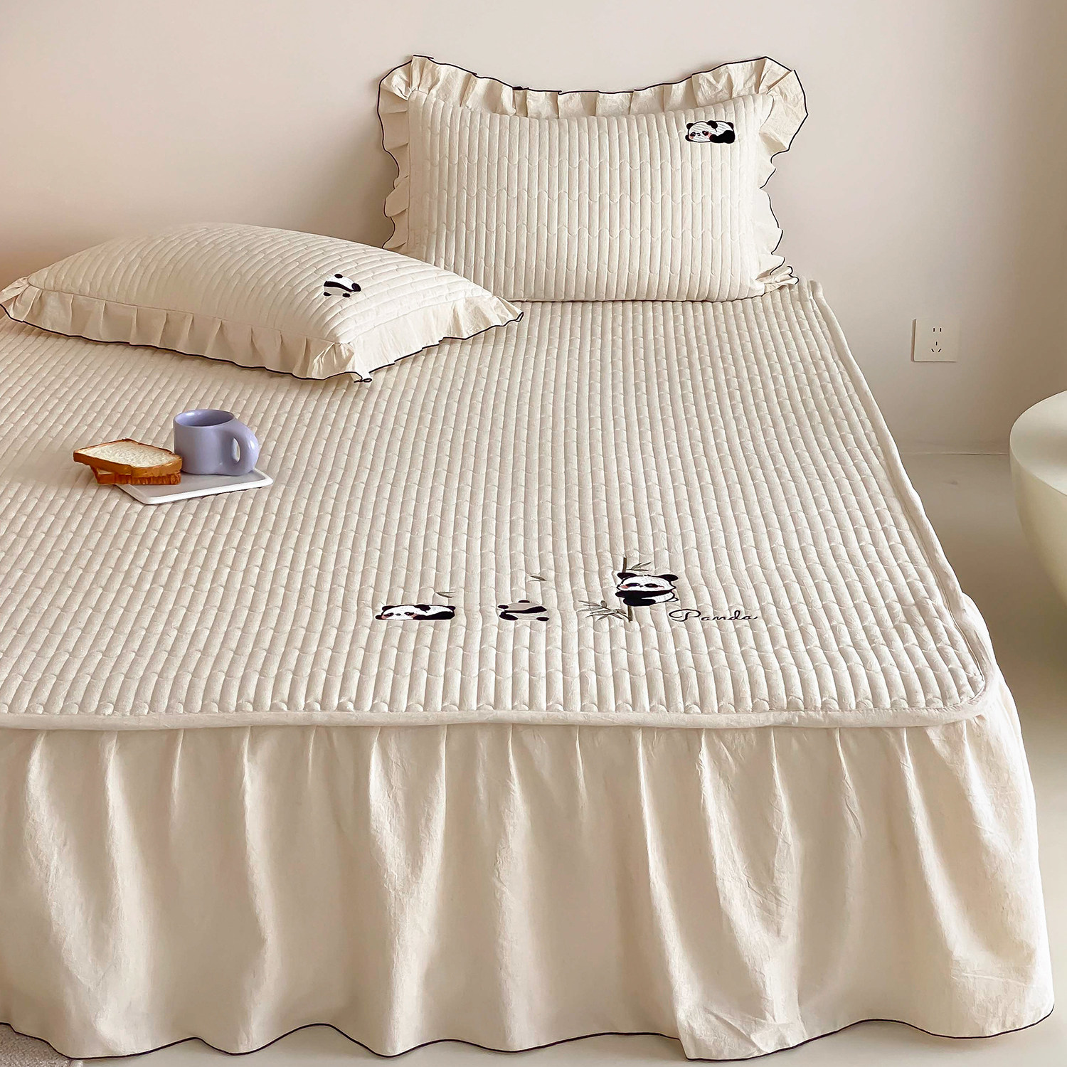 A类棉麻床裙款床单加厚夹棉双人被单三件套卡通刺绣荷叶边床品