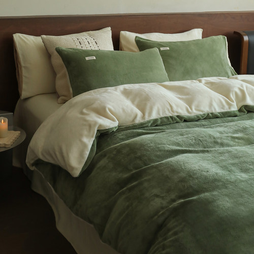 双拼纯色牛奶绒四件套加厚加绒