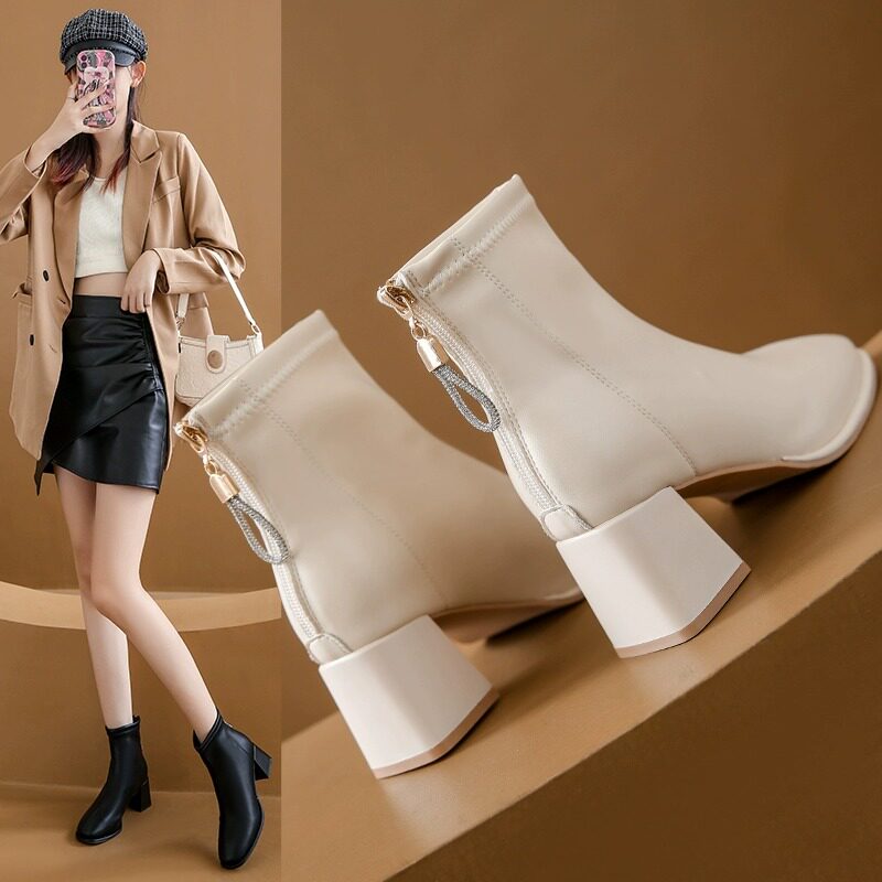 品牌鞋真皮小短靴女2024年新款秋冬粗跟及踝靴马丁靴方头瘦瘦女靴,女鞋,时装靴,淘宝优惠券,粉丝福利购,淘宝优惠卷