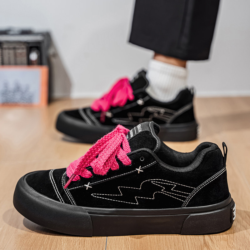 2026新款黑粉撞色板鞋男士街头风小众设计感厚底百搭运动帆布鞋,流行男鞋,休闲板鞋,淘宝优惠券,粉丝福利购,淘宝优惠卷