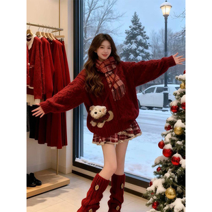 校供感学院穿搭一整套红格子裙百搭叠穿红色麻花宽松2026新年毛衣
