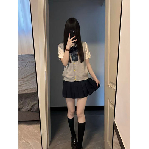 日系学院风jk制服套装校供感浅灰薄款针织开衫马甲绀色短裙半身裙