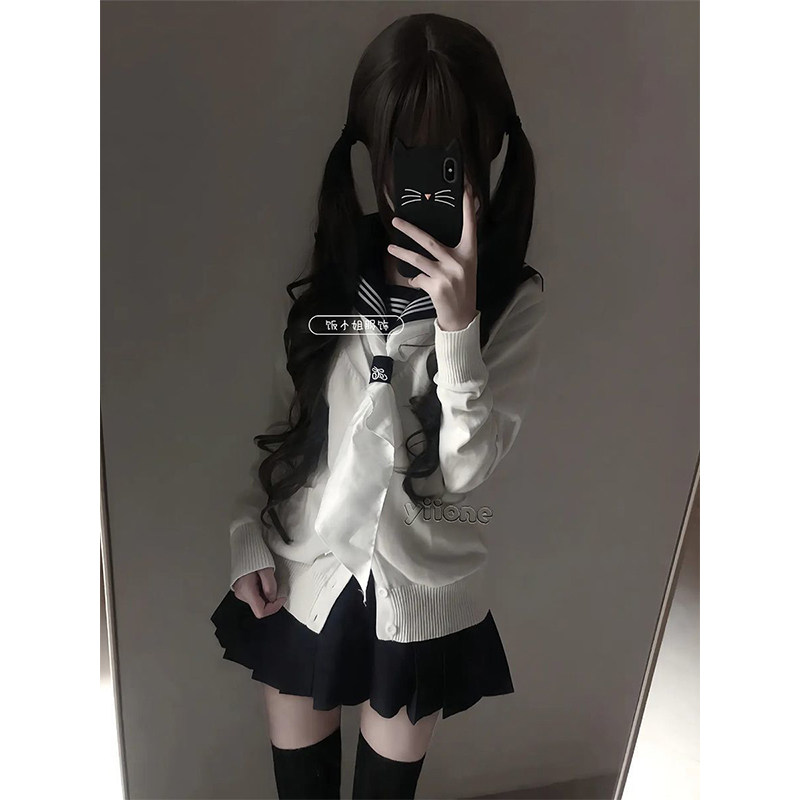 JK制服原创日系针织长袖开衫毛衣正版三本中间水手服叠穿短裙套装