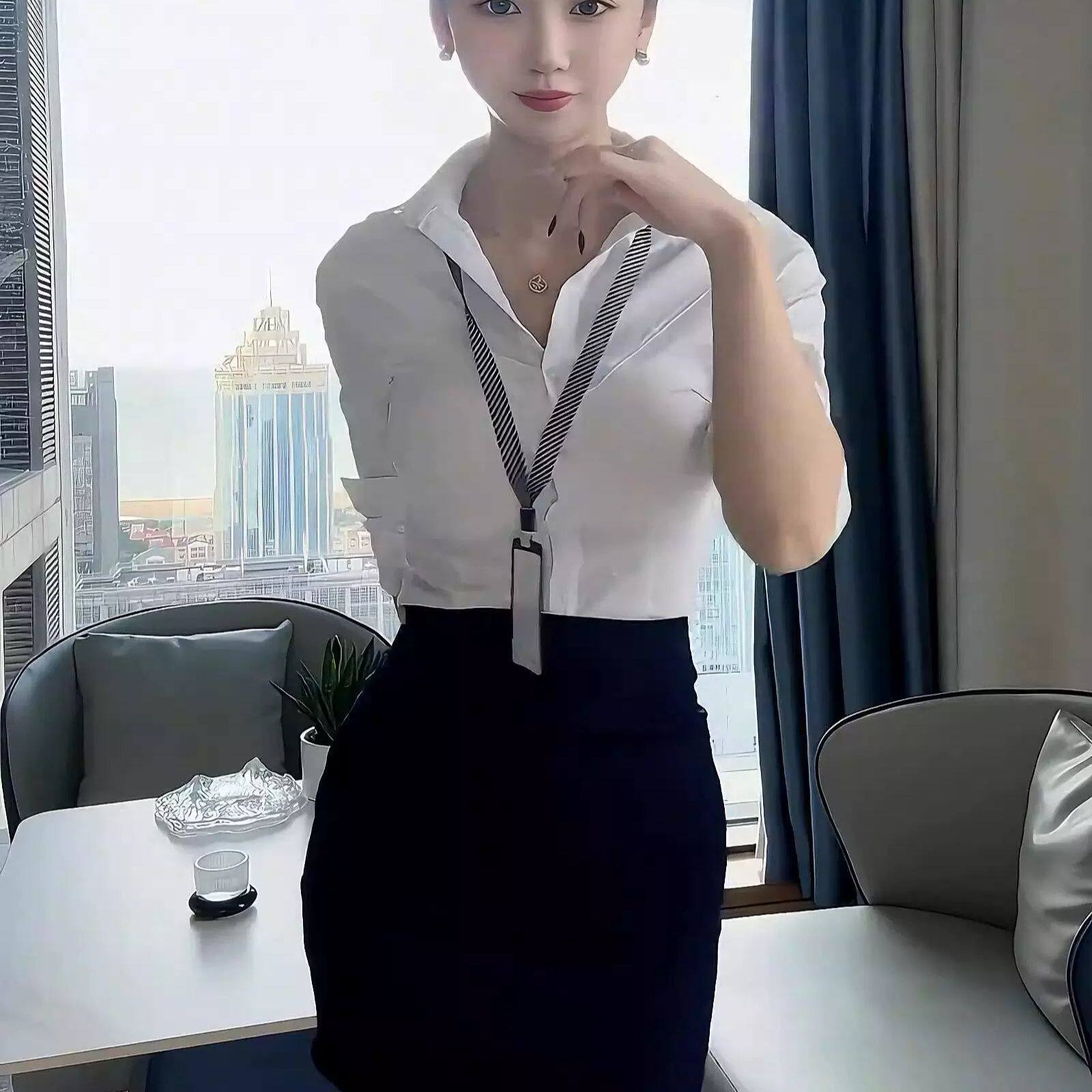 收腰白色衬衫女职业工作服套装修身性感长袖衬衣设计感秘书OL制服