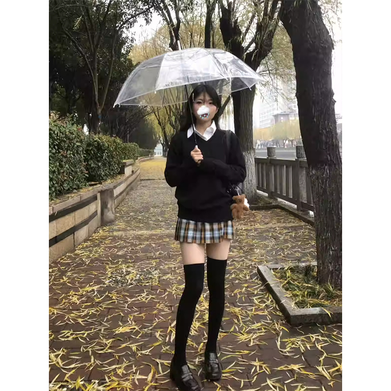 JK制服纯色V领毛衣女秋叠穿校供感长袖套头针织衫秋刀鱼格裙套装