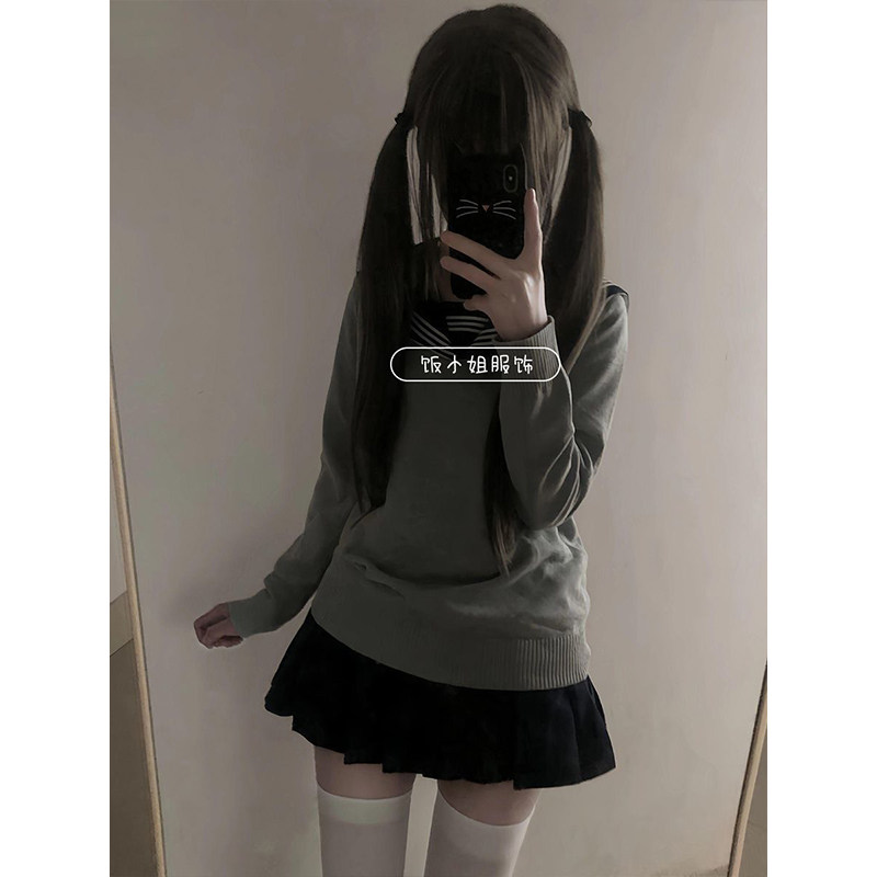 秋冬JK制服针织衫浅灰套头毛衣基础款宽松衬衫上衣百搭绀JK短裙