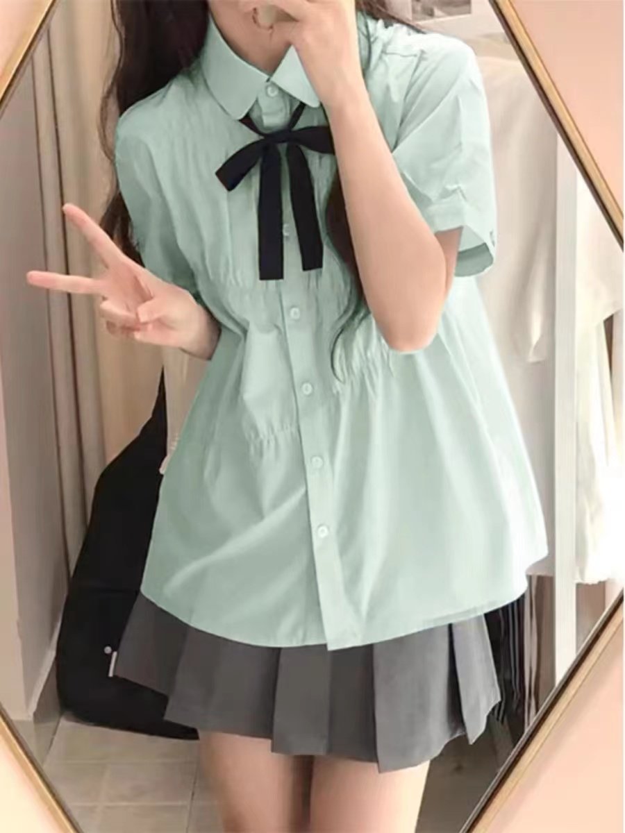甜美设计感薄荷绿polo短袖衬衫女2024新款夏季曼波风短款上衣套装图片